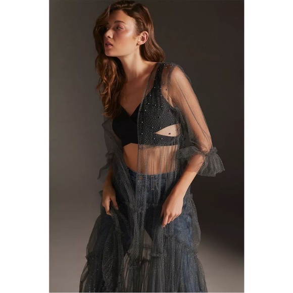 Anthropologie Elizabeth Gillett Embellished Beaded Mesh Tulle Duster One Size - Picture 5 of 13